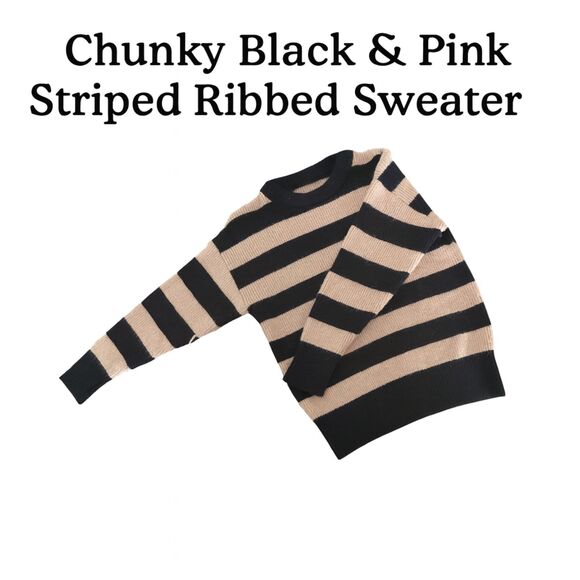 Chunky Black & Pink Striped Ribbed Sweater – Medium - Picture 1 of 12